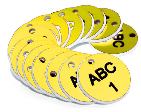 38mm Engraved Valve Tags - 50 sequential numbers with prefix - (eg. 1-50) Black text on yellow