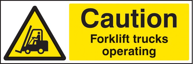 Caution forklift trucks operating 300x100mm adhesive backed