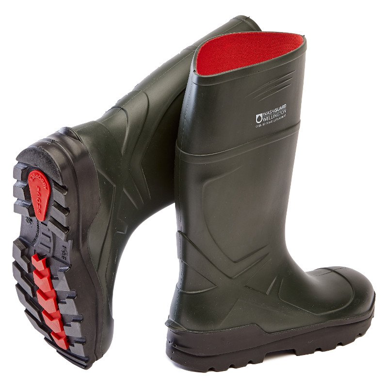 Washguard Washdown Wellington Boots Insulated, Cushioned Heel, Safety Toe Cap, Anti-static, Green w/ Black Sole, Size 12/47, x1 Pair