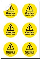 Caution Very hot water 65mm dia - sheet of 6