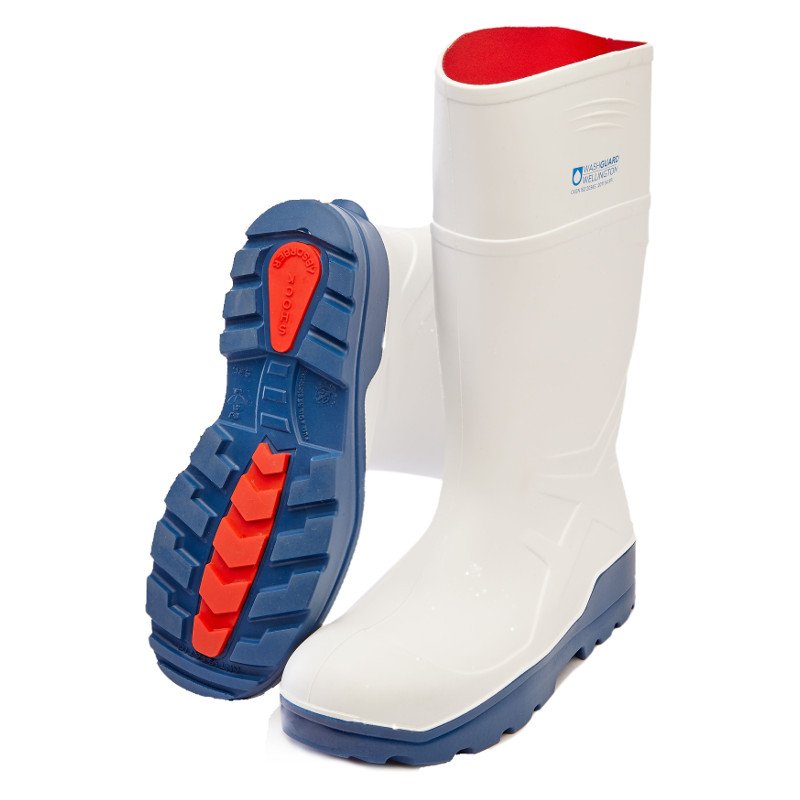 Washguard Washdown Wellington Boots Insulated, Cushioned Heel, Safety Toe Cap, Anti-static, White w/ Blue Sole, Size 6/39, x1 Pair