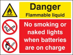 Flammable liquid no smoking/naked lights batteries on charge