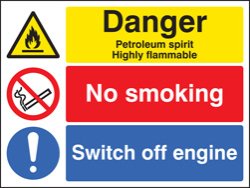Petroleum spirit/no smoking/switch off engine