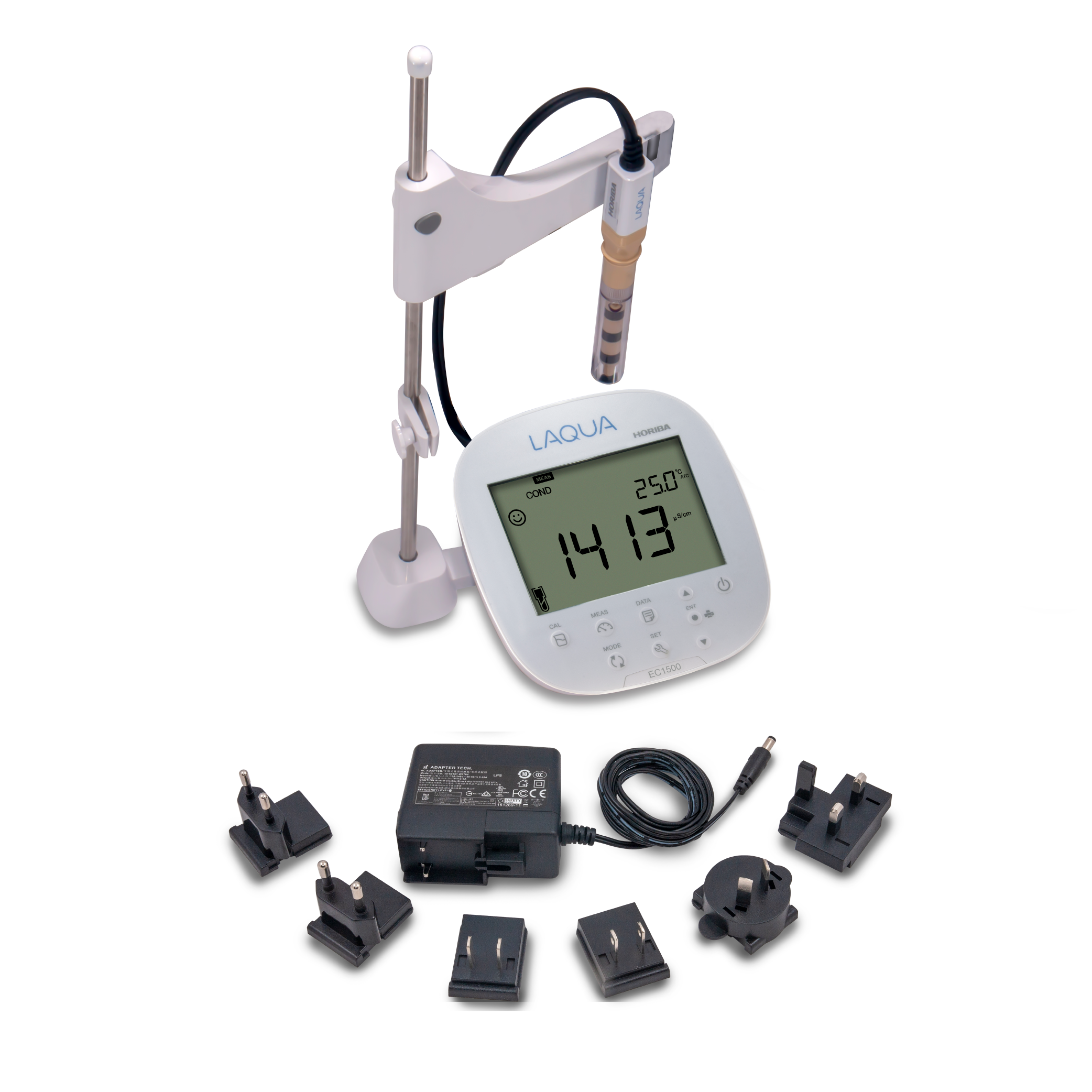 Conductivity, Resistivity,Salinity, TDS meter with conductivity probe and calibration standards 84μS, 1413μS, 12.88mS (250 ml each). Calibration Certificate included.