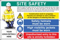 Site safety, helmets, hi-vis, unauthorised entry custom banner c/w eyelets 1270x810mm