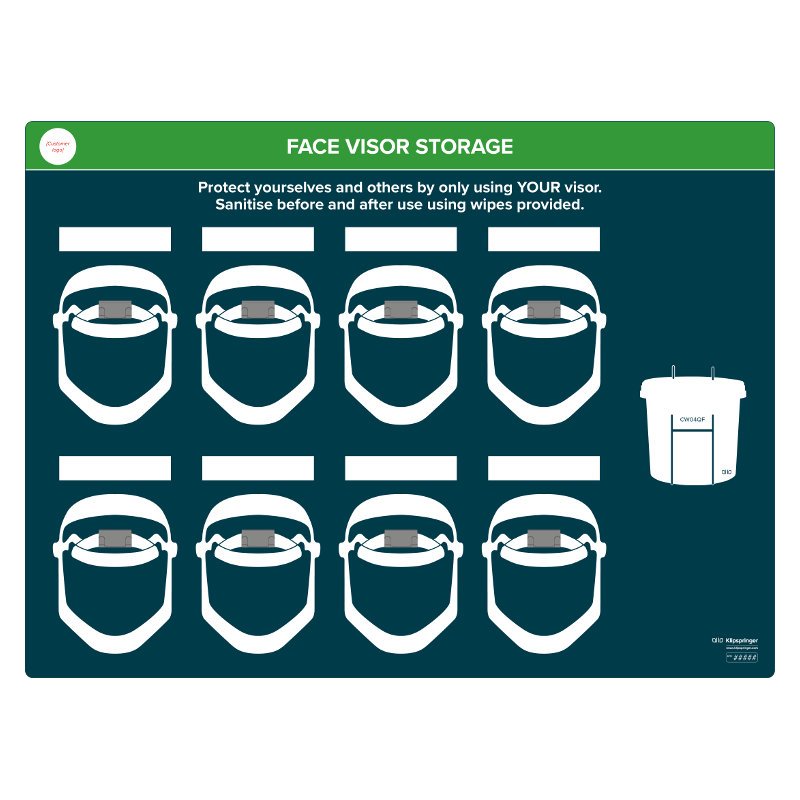 Wall mounted face visor storage station - to take 8x face visors and large wipes tub