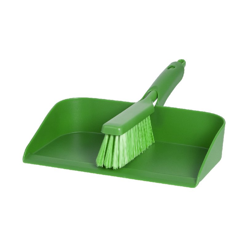 Foodgrade hand dust pan kit with soft/medium bannister brush, green