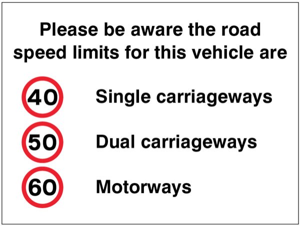 Please be aware the road speed limits for this vehicle are 40,50,60mph