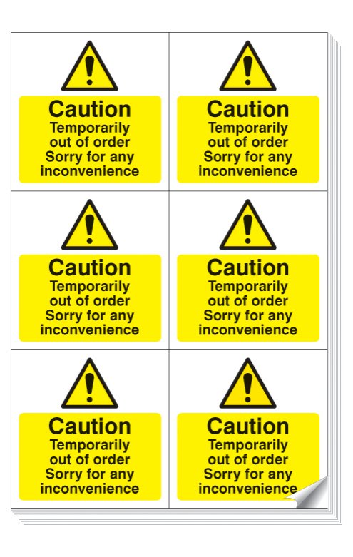 Caution temporarily out of order easy peel labels sheet of 6