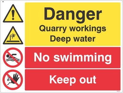 Danger Quarry workings, deep water, no swimming, keep out   Size