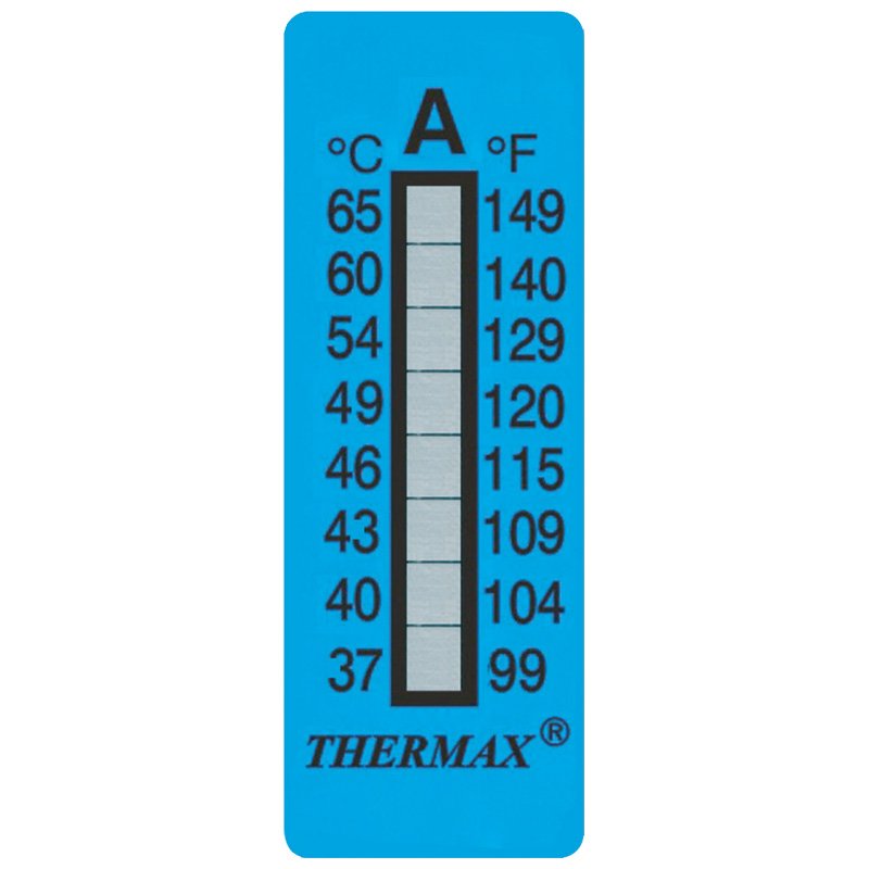 Thermax Irreversible Temperature Indicators, 160 to 199°C: +/-(1%+1.5°C), 18 x 51 mm x10
