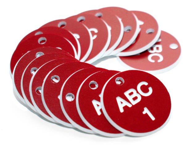 27mm Engraved Valve Tags - 50 sequential numbers - (eg. 1-50) White text on red