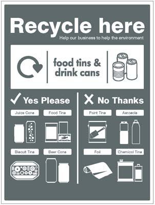 Food tins and drink cans - WRAP Recycle here sign   Size: Q (600