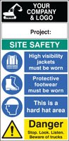 Site safety board 600x1200mm c/w logo and project