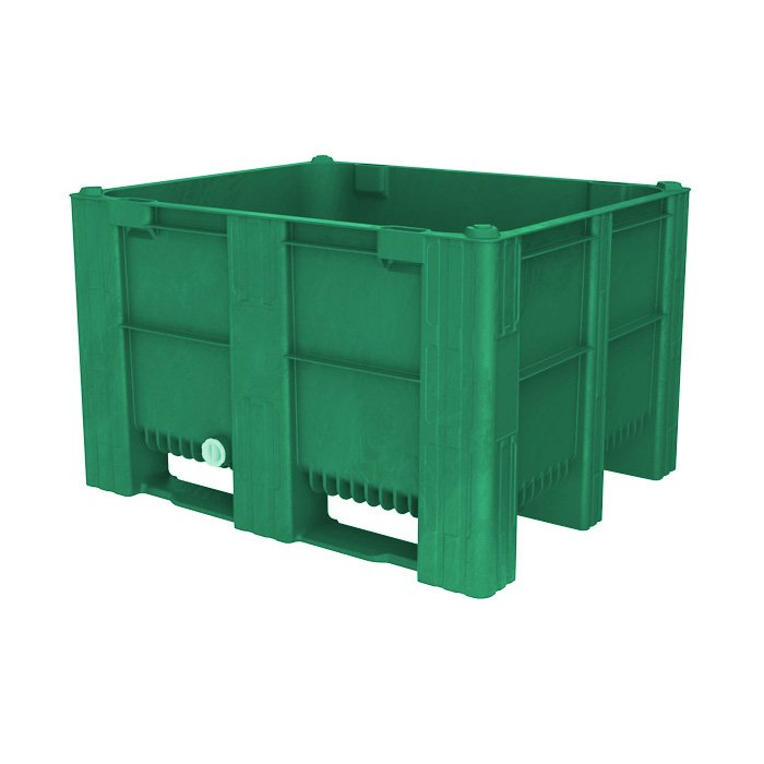 Box Pallet - 605ltr, HDPE, Green, Solid with Drain, 1200x1000x74