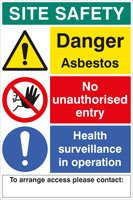 Site safety board asbestos 600x900mm c/w contact details 1mm PVC