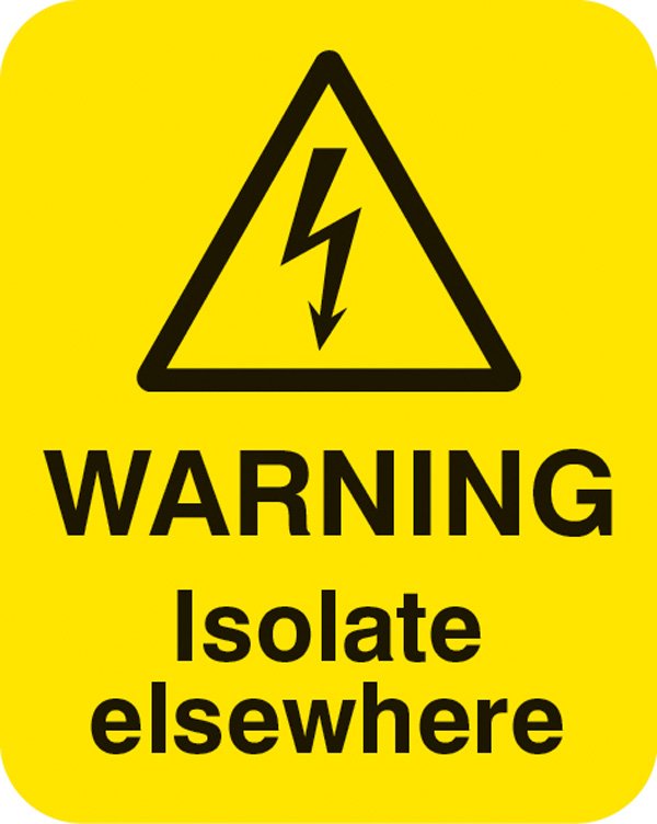 Danger isolate elsewhere Sheet of 25 labels 40x50mm