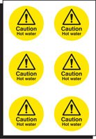 Caution hot water 65mm dia - sheet of 6