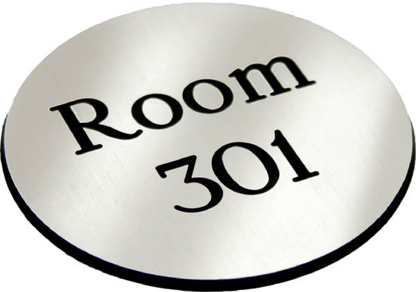 Engraved Sign with adhesive backing - 95mm dia Black text on aluminium effect