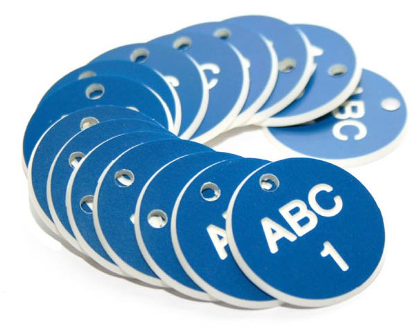 27mm Engraved Valve Tags - 50 sequential numbers with prefix - (eg. 1-50) White text on blue