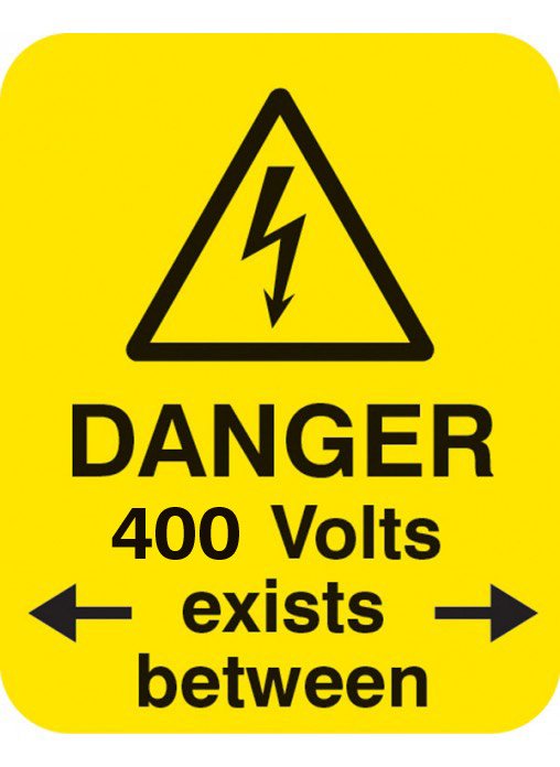 Danger 400 volts <-exists between-> Sheet of 25 labels 40x50mm