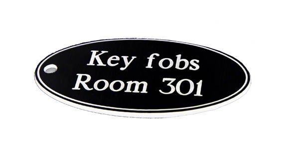 78x150mm Key fob oval - White text on black