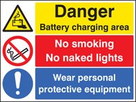 Battery charging area, wear PPE, no smoking, no naked lights