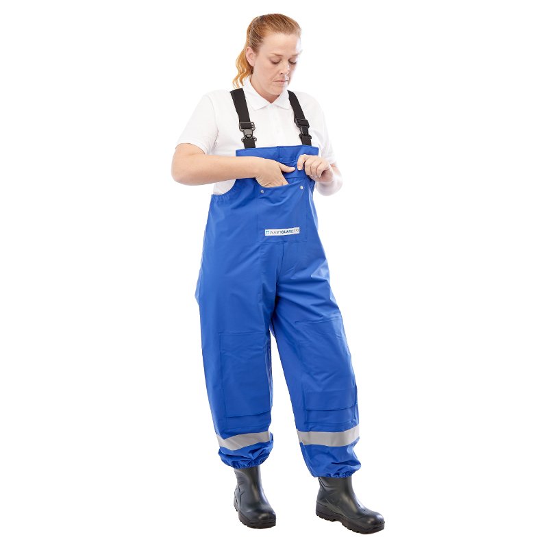 Washguard Chemical Resistant Bib & Brace with Replaceable Kneepads and Chest Pocket, Small, Blue